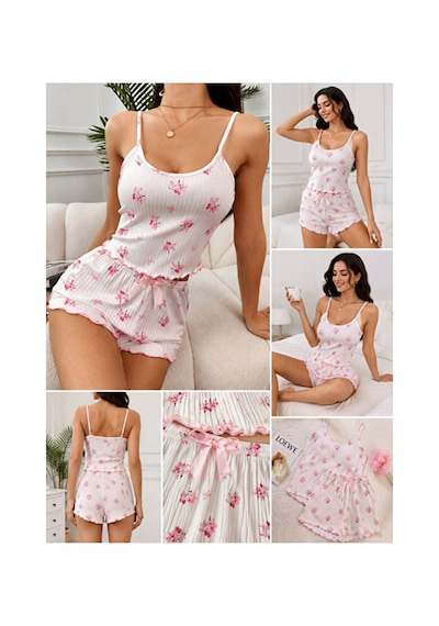 Selveta Çiçek Desenli Fitilli Askılı Şortlu Gecelik Pijama Takımı Çok Renkli