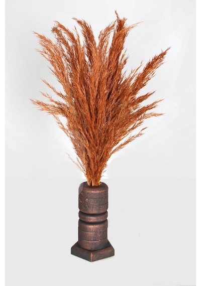 Lüx Siyah-bronz Ahşap Vazodo Turuncu Pampas Çiçeği 42 Cm