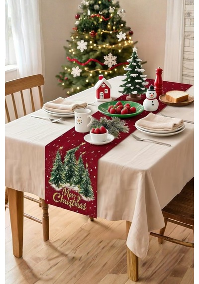 Yılbaşı Konseptli Runner Yılbaşı Dekorasyon Masa Örtüsü Noel Merry Christmas Kırmızı Örtü Kırmızı - 807138394 Kırmızı