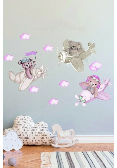 Kafadar Pilot Ayılar Mega Boy Pembe Duvar Sticker Seti