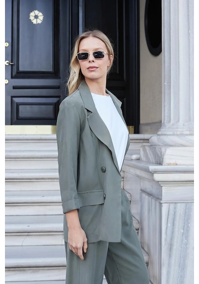 Jument Kadın İpeksi Dokulu Modal Kumaş Yakalı Cep Kapaklı Oversize Salaş Blazer Ceket-haki