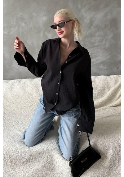Madmext Siyah Kırışık Desen Kadın Gömlek Mg2313 Siyah