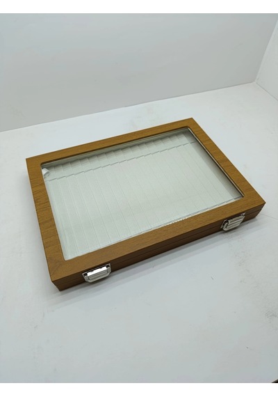 Cam Kapaklı Deri Kumaş Kahve-krem Renk 34 Cm / 24 Cm Bileklik Sergileme Standı