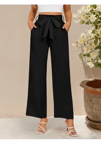 DefyModa Kadın Yüksek Bel Lastikli Bağcıklı Uzun Geniş Kesim Detaylı Krinkıl Pantolon Siyah