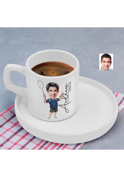 Bk Gift Kişiye Özel Sunum Tabaklı Erkek Badminton Karikatürlü Kahve Fincanı-1, Sevgiliye Hediye, Aileye Hediye, Arkadaşa Hediye Beyaz