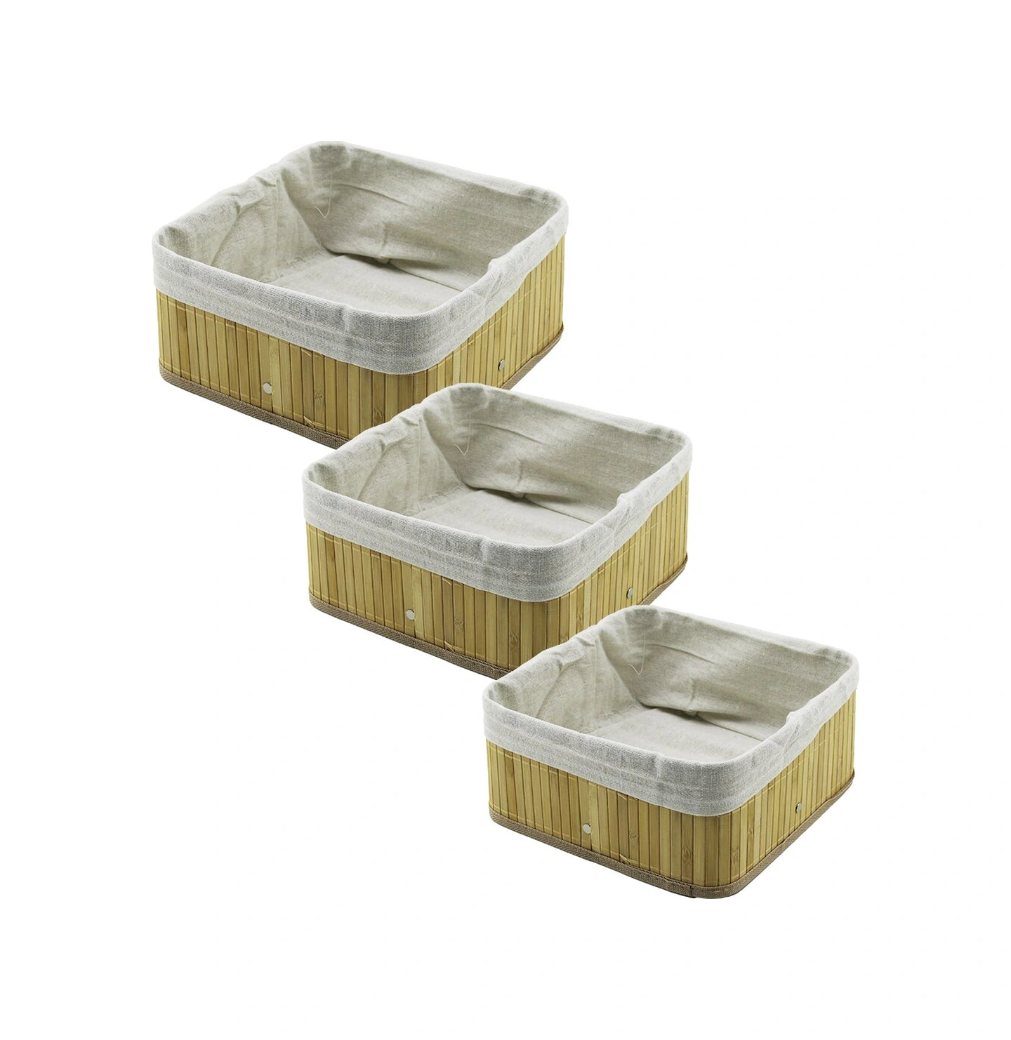 3 Boy Kare Bambu Kenar Organizer Sepet Ahşap Altlık - Bezli 17x17-21x21-26x26cm 4741