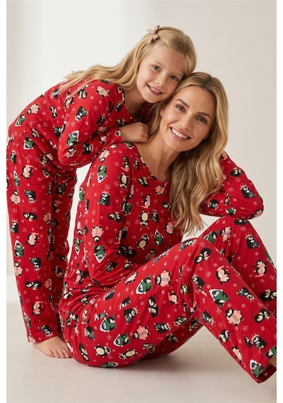 Siyah İnci %100 Pamuklu Puanlı Şeker Baston Desenli Yılbaşı Temalı Örme Pijama Takım Kırmızı Penguen