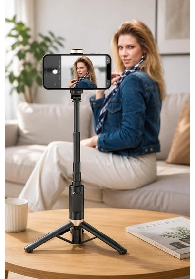 Delux Serisi Aksesuar Kamera Tripod Çok Amaçlı Kumandalı Selfie Çubuğu Q12 Siyah
