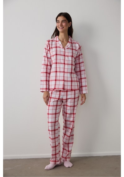 Penti Gül Kurusu Modal Ekoseli Gömlek Yaka Düğmeli Pamuklu Pijama Takımı