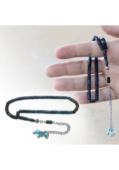 Tesbihane Ateş Kehribar Tesbih - Zirkon Taş Metal Püsküllü - Turkuaz Siyah Renk - Mini Boy - Kesme Kesim Çok Renkli