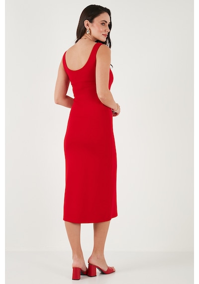 Lela Slim Fit Kalın Askılı Midi Bayan Elbise 5866154 Kırmızı