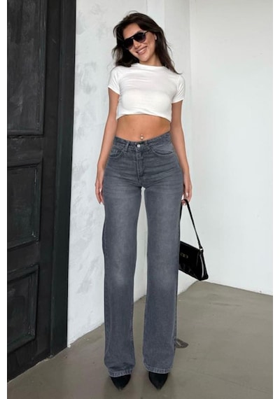 Madmext Gri Yüksek Bel Kadın Wide Leg Pantolon Mg2388 Gri