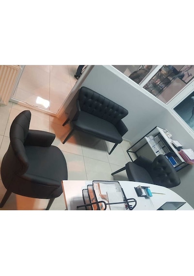 Siyah Deri Ahşap Ayaklı Ofis Koltuğu Bekleme Salonu Koltuğu Misafir Koltuğu Kafe Sandalyesi 2+1+1