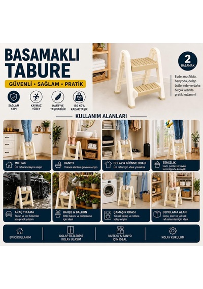 Basamaklı Tabure 2 Basamaklı Kaymaz Yüzeyli Plastik Merdiven, Hafif Ve Taşınabilir Ev İçi Kulla Sarı