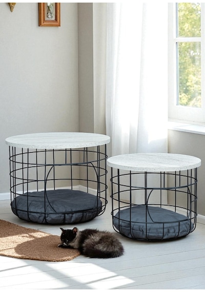 Beyaz Çok Amaçlı Kedi Yuvalı Metal Sepetli 2 Li Orta Sehpa