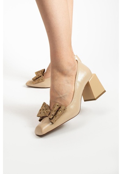 Paris Shoes Paris Bej Taşlı Fiyonklu Topuklu Ayakkabı Z0116-bej Bej