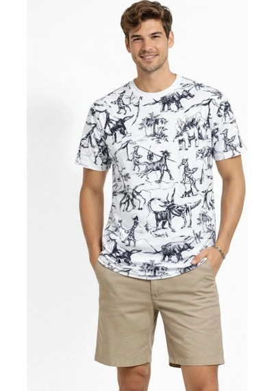 Freedom Storee Erkek Dinozor Dijıtal Ön Ve Arka Baskılı Tişört Bisiklet Yaka T-shirt - Beyaz Çok Renkli