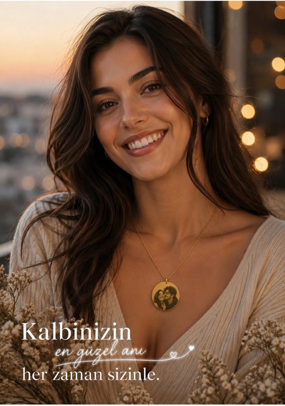 Çelik Kolye Kişiye Özel Fotoğraf Baskılı Hediye Paketli Sarı