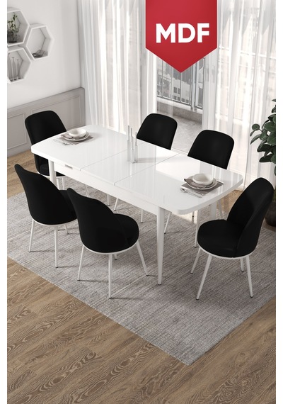 Canisa Concept Kor Serisi, 70x114 MDFAçılabilir Beyaz Yemek Masası Takımı,6 Siyah Sandalye Masa Beyaz Sandalyeler Siyah