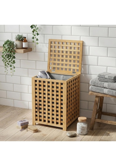 Deconox Kare Bambu Çamaşır Sepeti 40x40x56 Cm - İçi Bezli, Kapaklı Doğal Ahşap Kirli Sepeti Diğer