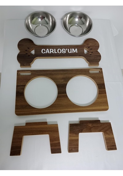 Realwood Ahşap Çelik Kaseli Özel İsim Baskılı Büyük Orta Irk Köpek Mama Su Kabı 1 L
