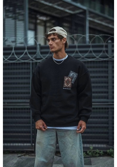 Uzun Kol Bisiklet Yaka Baskılı Sweatshirt - Siyah Siyah