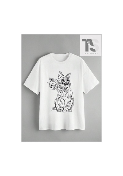 Tarzsokak Goth Kadın Casual Kedi Baskılı T-shirt Beyaz