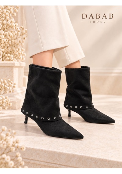 Dabab Shoes Lucıa Kadın Siyah Süet Görünümlü Metal Halka Detaylı Sivri Burun 5 Cm İnce Topuklu Kısa Bot Bootie