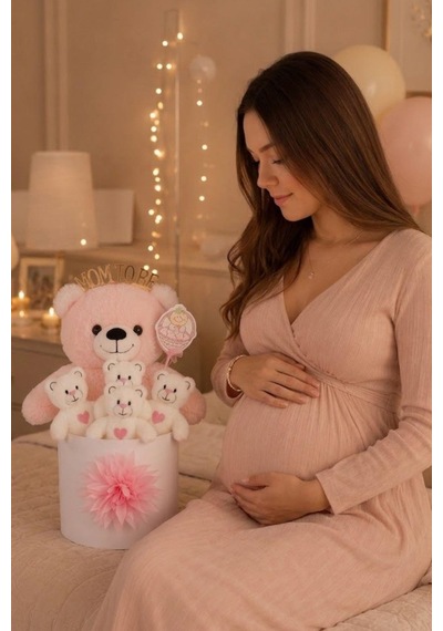 Mom To Be Yazılı Taçlı Peluş Ayıcık Hediye Kutusu Anne Adayına Ve Kız Bebeğe Hediye