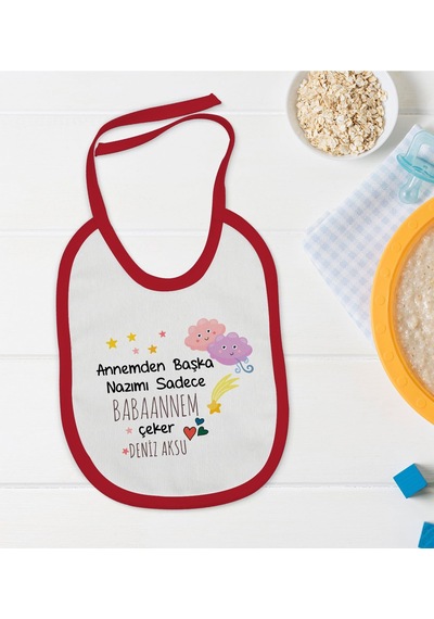 BK Kids Kişiye Özel Babaannem Tasarımlı Kırmızı Bebek Mama Önlüğü Kırmızı