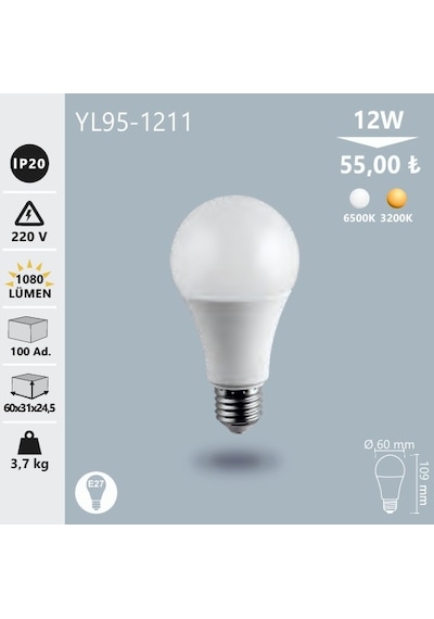 Noas: 12w Led Ampul, Beyaz Işık Yl95-1211
