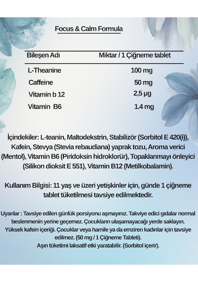 Orivyon Focus & Calm Formula Kafein, L-teanin, Vitamin B6 Ve Vitamin B12 İçeren Takviye Edici Gıda