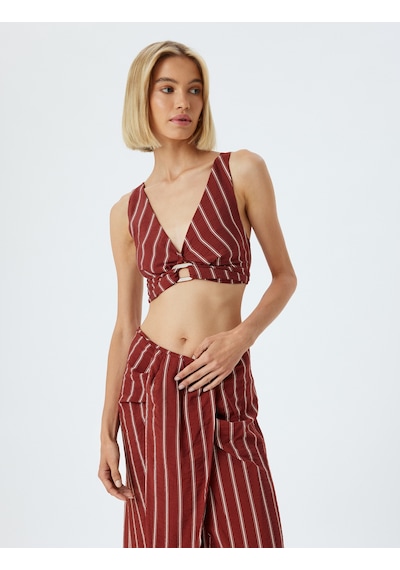 Koton Koton X Melis Ağazat - Crop Büstiyer V Yaka Viskon Gipeli Slim Fit Kahverengi Çizgili 4sak30144ew