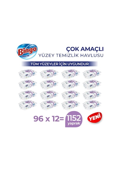 Bingo Pratik Arap Sabunu Katkılı Lavanta Yüzey Temizlik Havlusu 12 x 96'lı