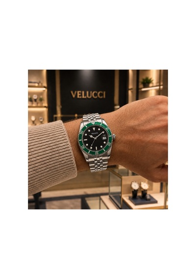 Velucci Tilkut Çelik Kordon Erkek Kol Saati Siyah Kadran Döner Bezel Dalış Analog Gümüş