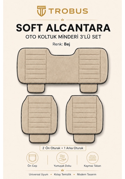 Opel Combo Üniversal Soft Alkantra Çizgili 3 Parça Oto Koltuk Minderi Bej