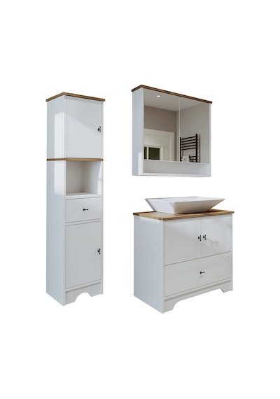 Lavabolu Mdf 80Cm Çekmeceli Banyo Dlp + Aynalı Üst Dlp + Boy Dlp Beyaz - Atlantik Çam