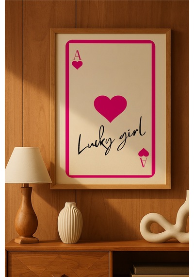 Lucky Girl Oyun Kartı Doğal Ahşap Çerçeveli Poster, Dekoratif Pembe Duvar Tablosu