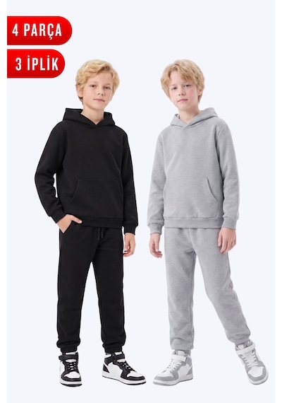 Fyk Kids 2'li Düz 3 İplik Kışlık Kanguru Cepli Kapüşonlu Erkek Çocuk Eşofman Takımı Siyah-gri