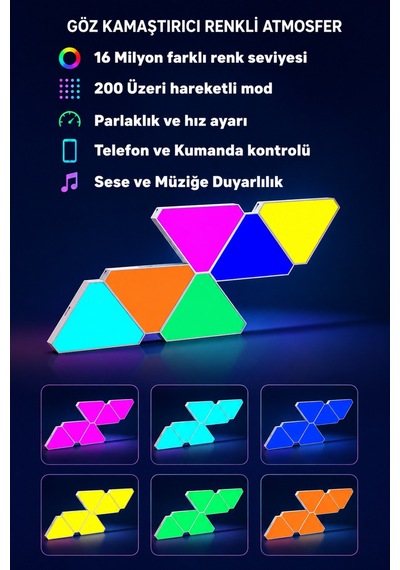 Triangle Rgbıc Üçgen Duvar Apliği Telefon Ve Kumanda Kontrollü Özelleştirilebilir 10 Parça Rgb-ıc
