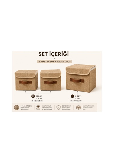 Jüt Kumaş Kapaklı Ev Düzen Seti 3lü Organizer Kutu 2 Adet M + 1 Adet L Katlanabilir Düzenleme Kutusu Organizer Seti Dolap, Raf Ve Banyo Düzeni İçin Doğal