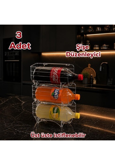 L-00608 Dolap İçi Şişe Organizeri Kat Kat İstiflenebilir Buzdolabi Düzenleyici Seti 3 Adet Çok Renkli