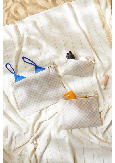 Ocean Home Textile 3'lü Su Geçirmez Pvc Astarlı Gri Dama Desen Islak Kuru Çantası 20 x 13 / 24 x 20 / 30 x 24 cm