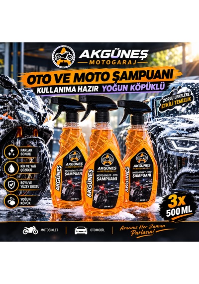 3 Adet 500 Ml Kullanıma Hazır Yoğun Köpüklü Oto Ve Motosiklet Şampuanı Araç Temizlik Şampuanı