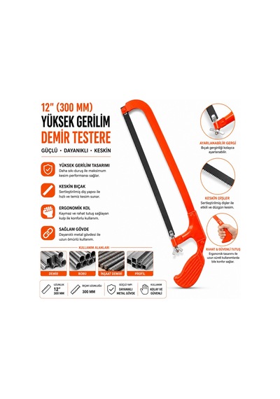 12 İnç 300 Mm Yüksek Gerilimli Demir Testeresi Ergonomik Saplı Metal Kesme Testeresi