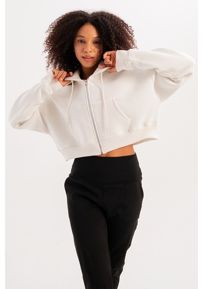 Justever Crop Kapüşonlu Fermuarlı Kanguru Cepli Şardonlu Hoodie Ekru Kadın Sweatshirt - Lumen Ekru