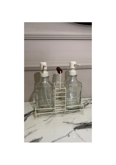 Buççin Online Mağaza Sabunluk - Metal Standlı Ahşap Saplı 2 500 Ml - Beyaz Cam Beyaz Çok Renkli