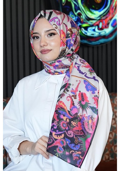 Çiçek Desen Krem Soft Pamuk Şal Violet Açik Gri