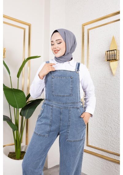 Harmatime Kadın Cep Detaylı Askılı Mavi Kot Tulum