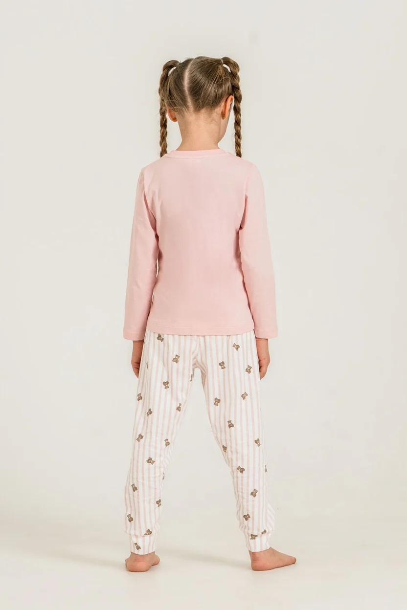 Rolypoly 3911 %100 Pamuk Uzun Kol Kız Çocuk Pijama Takımı Pembe